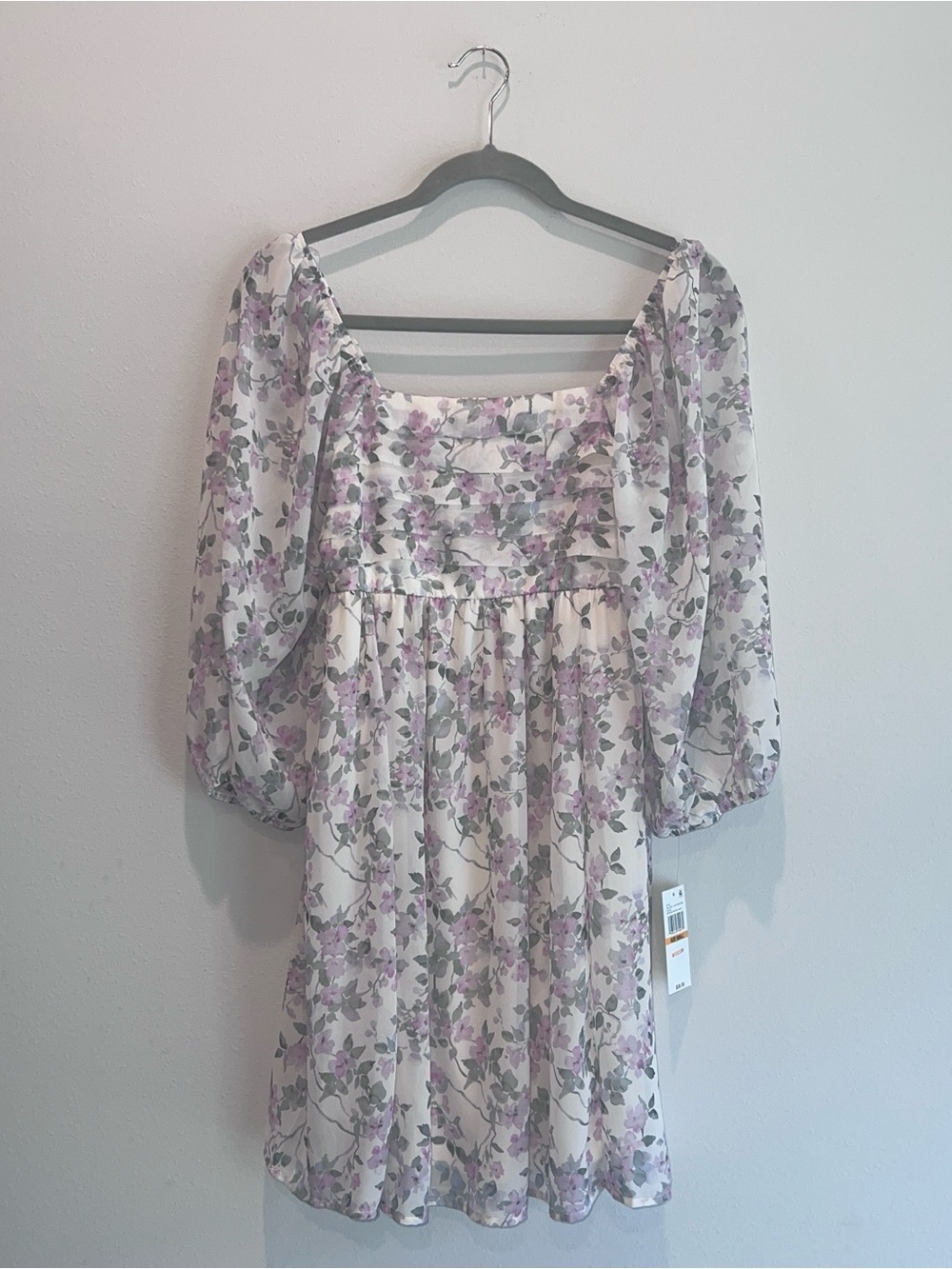 Wallflower Small Floral Print Mini Dress Sheer 3/4 Sleeve Empire Waist Boho NWT